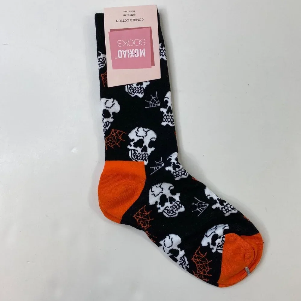 Womens Halloween Crew Socks 2-Pack Skulls Spider Webs Mummies Black Orange Blue